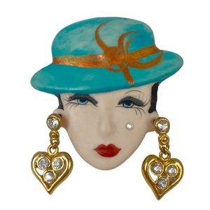 Vintage Hand Painted Artisan Porcelain Face Hat Removeable Earrings 2-5/8" total